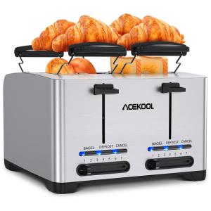 Torradeira de 4 Fatias com 7 Níveis e Função Bagel, 1500W, Aço Inoxidável, 110v, ACEKOOL, Prateado