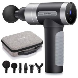 Massageador Pistola Elétrico Profissional Sem Fio 6 Acessórios 5 Velocidades 2400 4800 RPM, HETHTEC HH14002 GRYUK 911, Preto