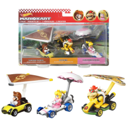 Conjunto 3 Carros Mario Kart Vehicle Inspirado em Tanooki Mario, Princess Peach e Bowser, para Crianças Acima de 3 Anos, Hot Wheels