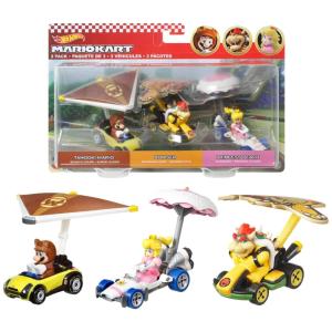 Conjunto 3 Carros Mario Kart Vehicle Inspirado em Tanooki Mario, Princess Peach e Bowser, para Crianças Acima de 3 Anos, Hot Wheels