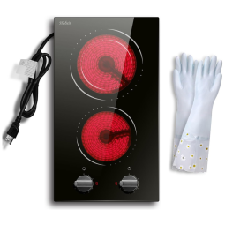 Cooktop Elétrico Hobsir 2 Bocas, 110v 30cm Controle de Botão Vidro Radiante com Indicador de Calor - Luvas de Limpeza Azuis 110v