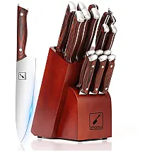 Conjunto de Facas com Bloco de Bancada e Cabo Ergonômico, 16 Peças, IMARKU, Marrom Escuro