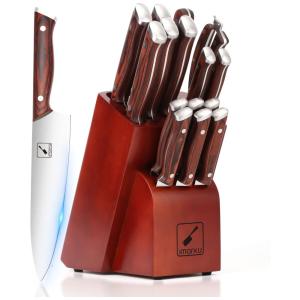Conjunto de Facas com Bloco de Bancada e Cabo Ergonômico, 16 Peças, IMARKU, Marrom Escuro