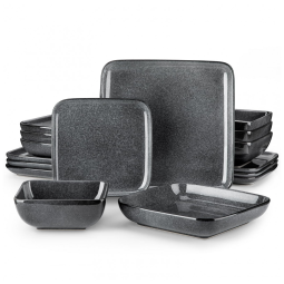 Aparelho de Jantar com 16 Peças Quadradas de Cerâmica em Esmalte Reativo, Vancasso, Cinza