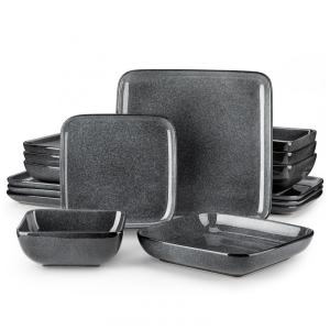 Aparelho de Jantar com 16 Peças Quadradas de Cerâmica em Esmalte Reativo, Vancasso, Cinza