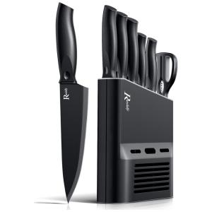 Randalfy Conjunto de Facas em Aço Inoxidável com Bloco de Bancada, 7 Peças, Preto