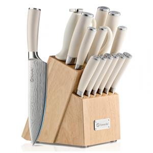 Conjunto de Facas de Cozinha Sunnecko 15 Peças Branco com Afiador e Bloco em Madeira