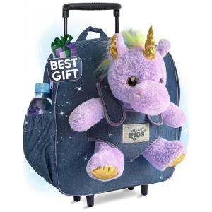 Mala infantil com rodinhas Naturally KIDS unicórnio roxo, mochila trolley 9 L com pelúcia destacável, para meninas de 3 a 9 anos