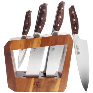 Conjunto de Facas em Aço Inoxidável com Bloco de Bancada, 7 Peças, WALLOP, Marrom Claro