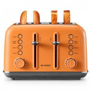 Torradeira BUYDEEM DT640 4 Pães, Fendas Ampla, Inox Retrô, Alavanca Alta, Função Bagel e Muffin, Bandeja Migalhas