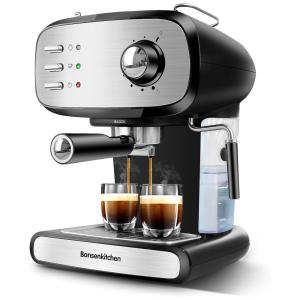 Cafeteira Elétrica Profissional 1.2L, 15 Bar, com Controle de Temperatura 900W, 110v, BONSENKITCHEN, Preto