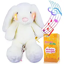 Coelho de Pelúcia Coleção Páscoa com Luz LED e 30 Músicas Infantis, Marsjoy, Branco
