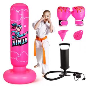 Saco de pancadas inflável infantil Onirii ninja rosa, 168cm, PVC, com luvas e bomba de