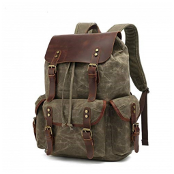 Mochila de Lona Encerada e Couro para Laptop, Lmagice, Verde Militar