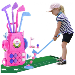 Conjunto de Tacos de Golfe Infantil com 8 Bolas, Tapete e Carrinho com Rodas, QDRAGON, Rosa
