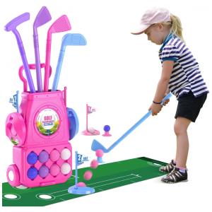 Conjunto de Tacos de Golfe Infantil com 8 Bolas, Tapete e Carrinho com Rodas, QDRAGON, Rosa
