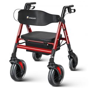 Andador com Assento, 204 kg Rolling Walker, 10.8kg, Rollator Extra Largo e Resistente para Idosos e Adultos Bariátricos, Vermelho,FlyingJoy