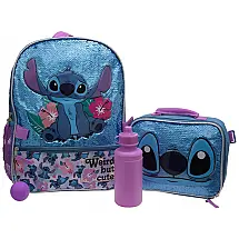 Mochila Escolar Infantil 40cm Disney Lilo Stitch 4 Peças com Lancheira, Azul