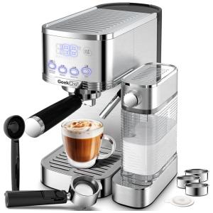 Máquina de Café Expresso com Vaporizador de Leite Automático e Tanque de Água Removível 1,8L, 110V 1350W, Geek Chef, Prata