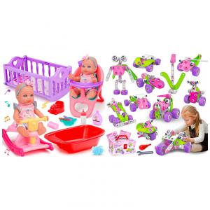 Kit STEM de Construção Rosa Tsomtto 14 em 1 com Conjunto de Cuidados de Boneca para Crianças a Partir de 3 Anos