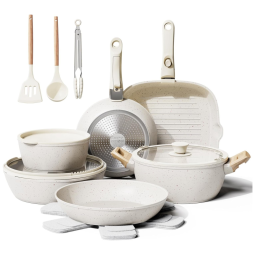 Jogo de Panelas e Frigideiras Antiaderentes, Material em Alumínio com 19 Peças, Utensílios de Cozinha e Cabo Removível, Bazova, Branco Creme