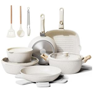 Jogo de Panelas e Frigideiras Antiaderentes, Material em Alumínio com 19 Peças, Utensílios de Cozinha e Cabo Removível, Bazova, Branco Creme