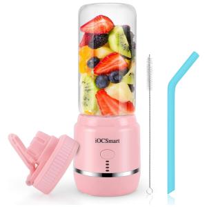 Mini Liquidificador Portátil 400mL com Canudo de Silicone e Garrafa, 180W, iOCSmart, Rosa