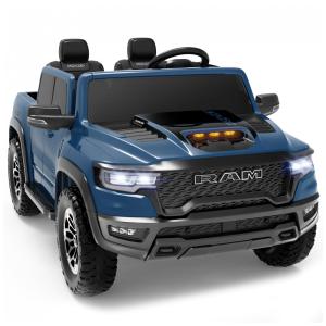 Carro Elétrico Infantil RAM 1500 24V Azul 2 Lugares com Controle Remoto, Bluetooth, Luzes LED, Baú e Cinto de Segurança