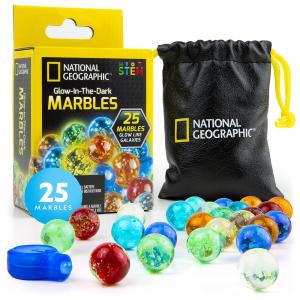 Blue Marble: Conjunto de 25 Bolas de Vidro que Brilham no Escuro National Geographic, Pouch de Armazenamento, Luz UV, Brinquedo de Montar