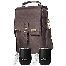 Bolsa Térmica Para Transporte de Vinhos de Couro até 2 Garrafas, com 2 Copos Incluídos, TILVINI TV 01, Marrom