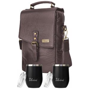 Bolsa Térmica Para Transporte de Vinhos de Couro até 2 Garrafas, com 2 Copos Incluídos, TILVINI TV 01, Marrom