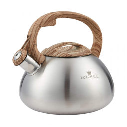 Chaleira LUXGRACE Prata Com Apito 2,08L Aço Inox Alça Madeira Sintética Para Fogão Indução Gás Elétrica
