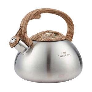 Chaleira LUXGRACE Prata Com Apito 2,08L Aço Inox Alça Madeira Sintética Para Fogão Indução Gás Elétrica