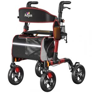 Andador para Idosos com Assento, Suporta até 158,75 kg, Assento 45,72 cm, Rodas 20,32 cm, Altura Ajustável em 6 Níveis,Aojin