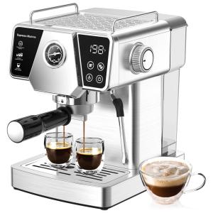 Máquina de Café Expresso em Aço Inoxidável com Painel Digital e Bocal de Leite, 110V 1350W, HOMOKUS, Prata