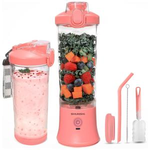 Mini Liquidificador Portátil 590mL com 6 Lâminas e Luz LED, 240W, SHUNSHI, Rosa