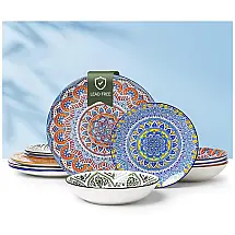 Conjunto de Jantar de Cerâmica 12 Peças, Pratos Tigelas de Massa Tigelas de Cereal, Design Único de Reação à Glaze, Seguro para Freezer