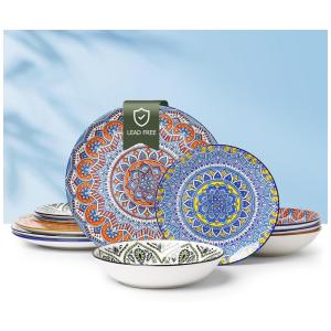 Conjunto de Jantar de Cerâmica 12 Peças, Pratos Tigelas de Massa Tigelas de Cereal, Design Único de Reação à Glaze, Seguro para Freezer