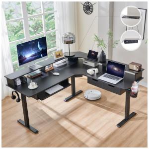 Mesa Gamer em L Elétrica RedLemon Fibra de Carbono Preta 152 cm com Altura Ajustável, Gavetas, Bandeja Teclado, Tomadas e Luzes LED