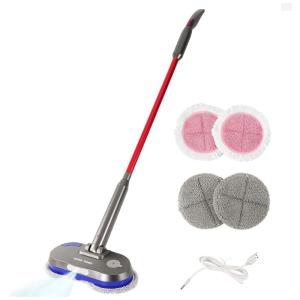 Esfregão Mop Elétrico sem Fio à Bateria com 4 Acessórios Extras, 110v, HOME TIMES, Vermelho