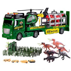 Conjunto de Brinquedos de Veículos de Dinossauros com 103 Peças ZHFUYS, Caminhão Grande de 65 cm com Dinossauros, Helicóptero, Soldado,