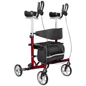 Andador Adulto Idoso com Apoio de Braço, Assento Acolchoado e Cesto, Suporta até 136 kg, WALROLL, Vermelho