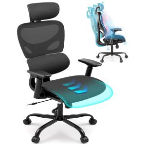 Cadeira de Escritório Ergonômica com Suporte e Apoio de Cabeça e Lombar Ajustável, BNEHS, Preta