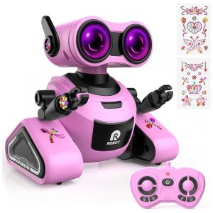 Robô Interativo de Controle Remoto com Adesivos 3D, Músicas e Olhos LED Coloridos, 3 a 7 Anos, Rosa