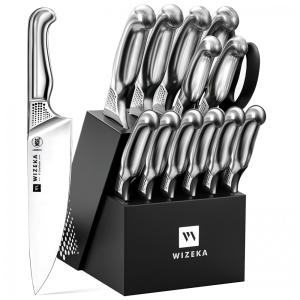 Conjunto de Facas em Aço Inoxidável com Afiador Embutido e Bloco de Bancada 15 Peças, WIZEKA, Prateado