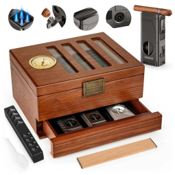 Umidor de Charutos SEMKONT - Gaveta com Fechadura Retrô, em Cedro, Tampo de Vidro com Higrômetro Embutido, com Umidificador
