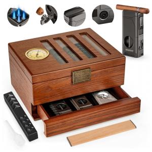 Umidor de Charutos SEMKONT - Gaveta com Fechadura Retrô, em Cedro, Tampo de Vidro com Higrômetro Embutido, com Umidificador