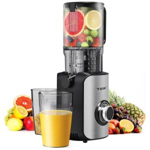 Espremedor de Frutas TER, com abertura ampla de 12,7 cm, em aço inox, extração lenta, alto rendimento, limpeza simples, acessórios inclusos.