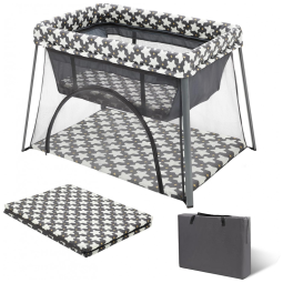 Berço Cercado Portátil 3 em 1 com Colchão Confortável, Bolsa de Transporte, Portão Lateral e Dossel, Palopalo, Cinza Estrelado