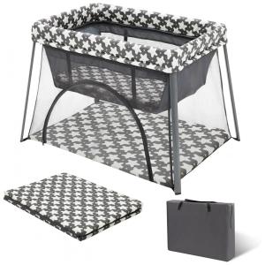 Berço Cercado Portátil 3 em 1 com Colchão Confortável, Bolsa de Transporte, Portão Lateral e Dossel, Palopalo, Cinza Estrelado